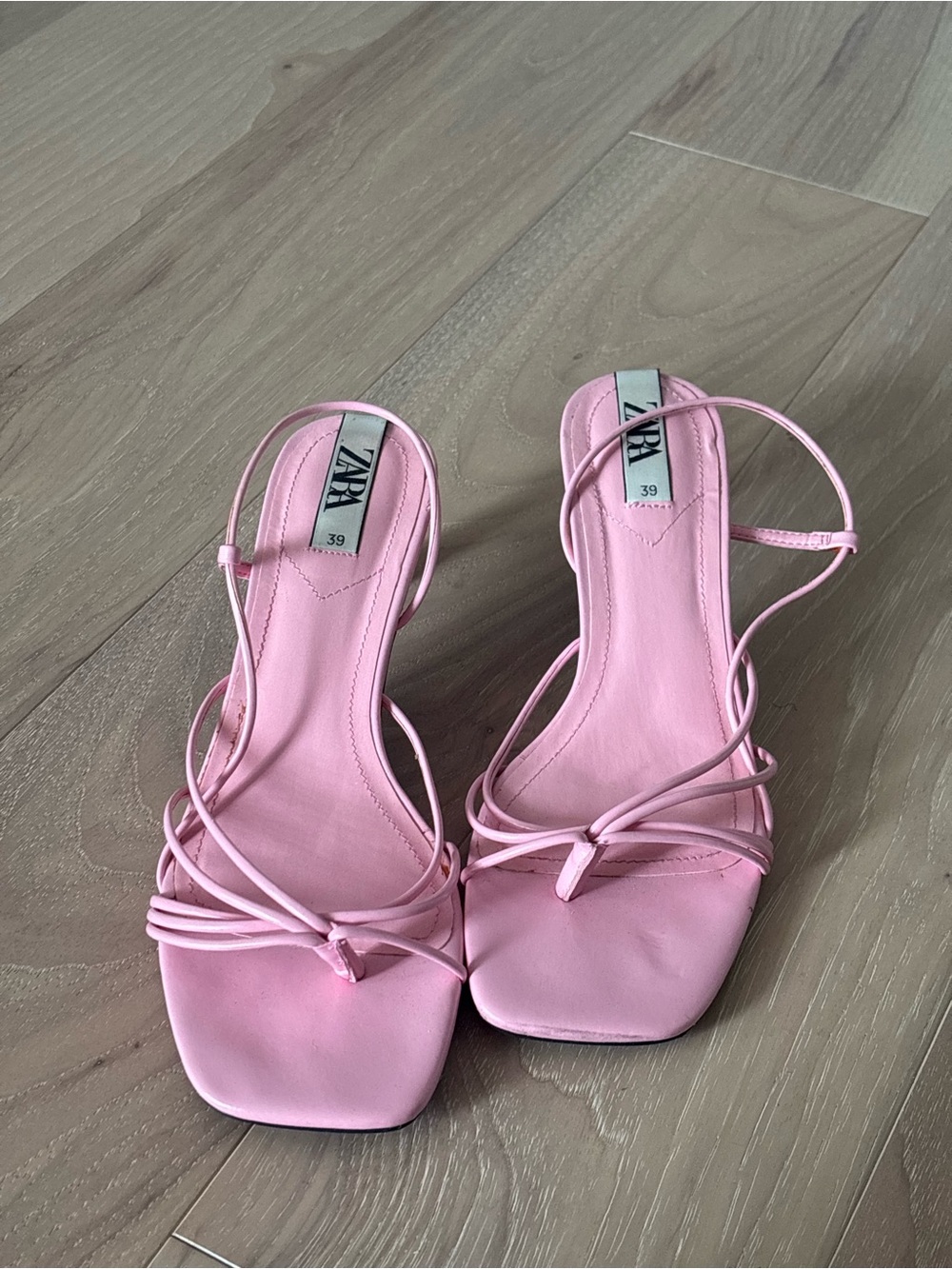 Zara Light Pink Strappy Square-Toe Slingback Heels